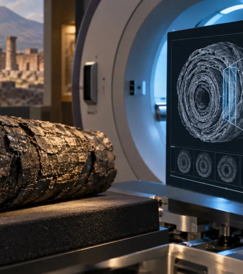 Illustration of a carbonized papyrus scroll beside an X-ray tomography scanner showing its rolled layers