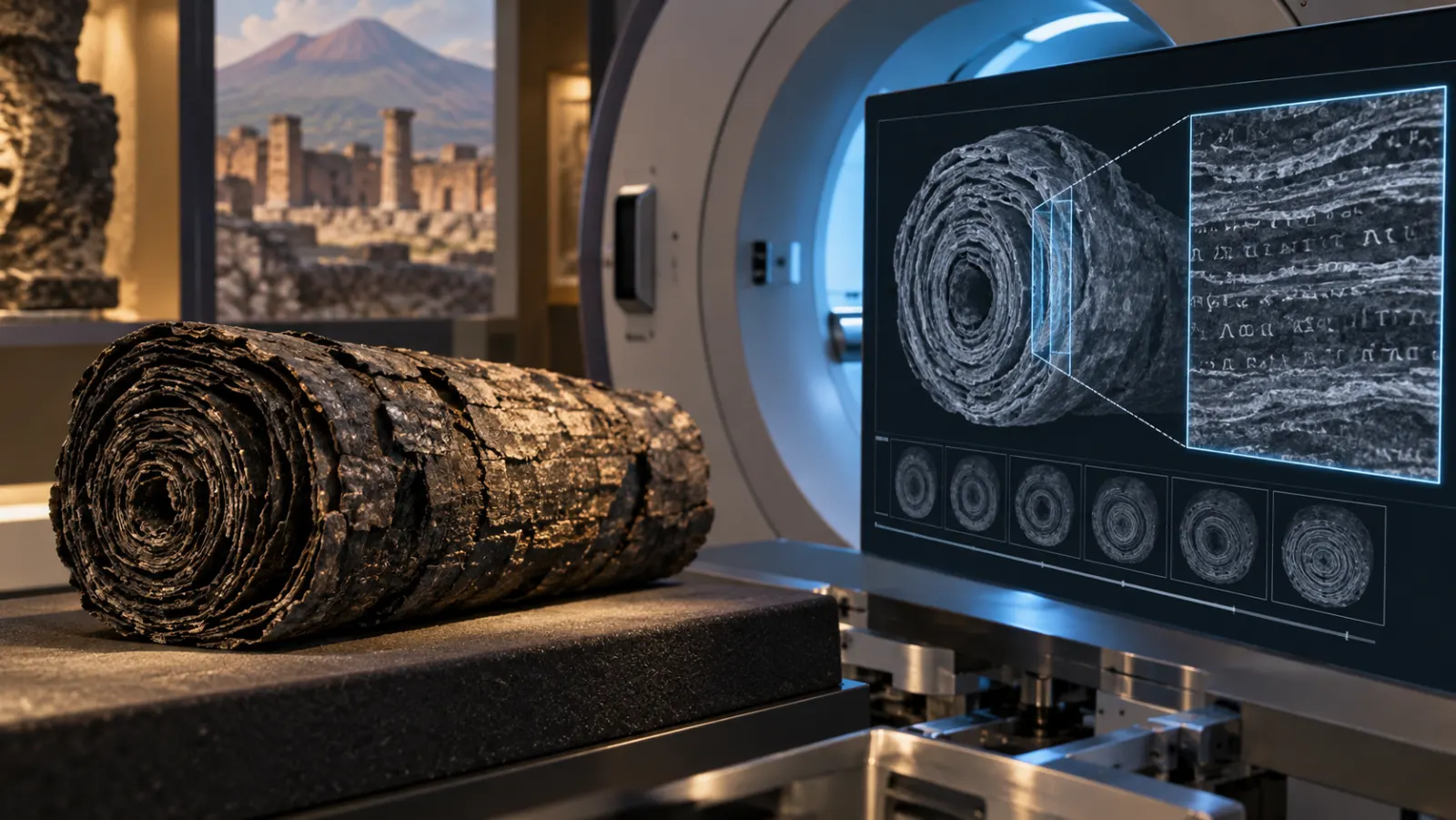 Illustration of a carbonized papyrus scroll beside an X-ray tomography scanner showing its rolled layers