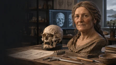 Editorial illustration of an Iron Age woman’s facial approximation beside the skull and scan used to model it.