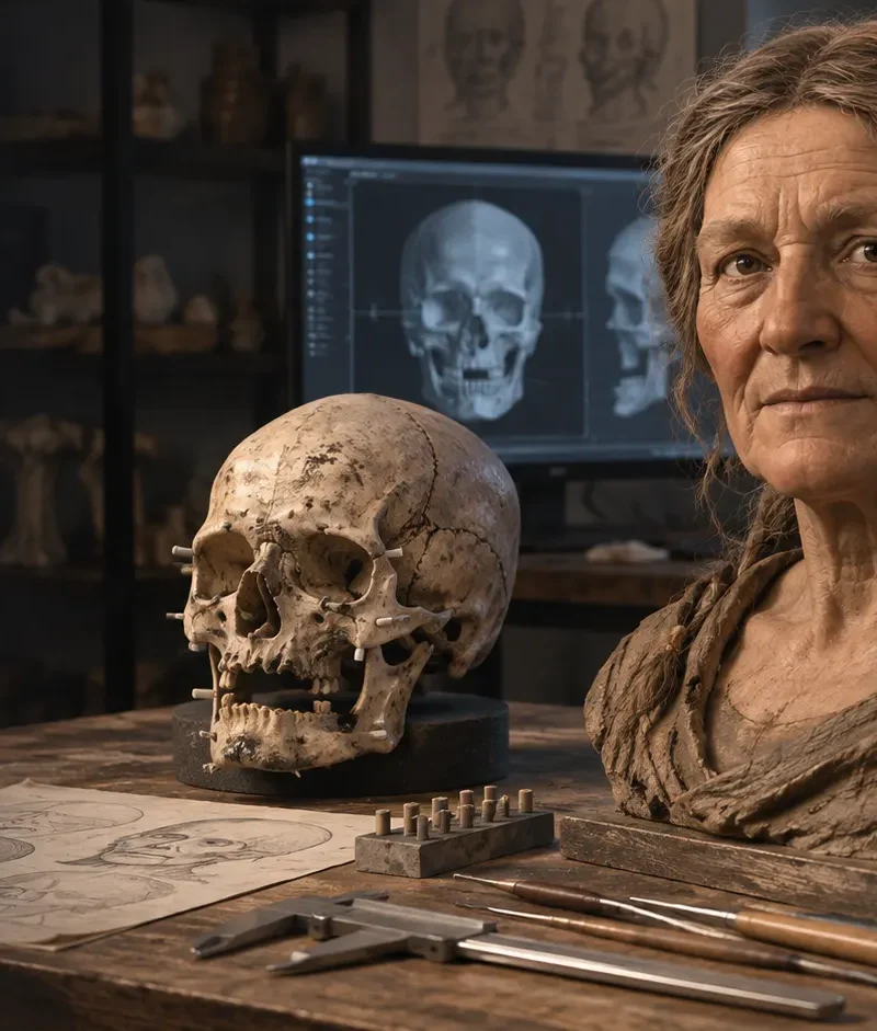 Editorial illustration of an Iron Age woman’s facial approximation beside the skull and scan used to model it.