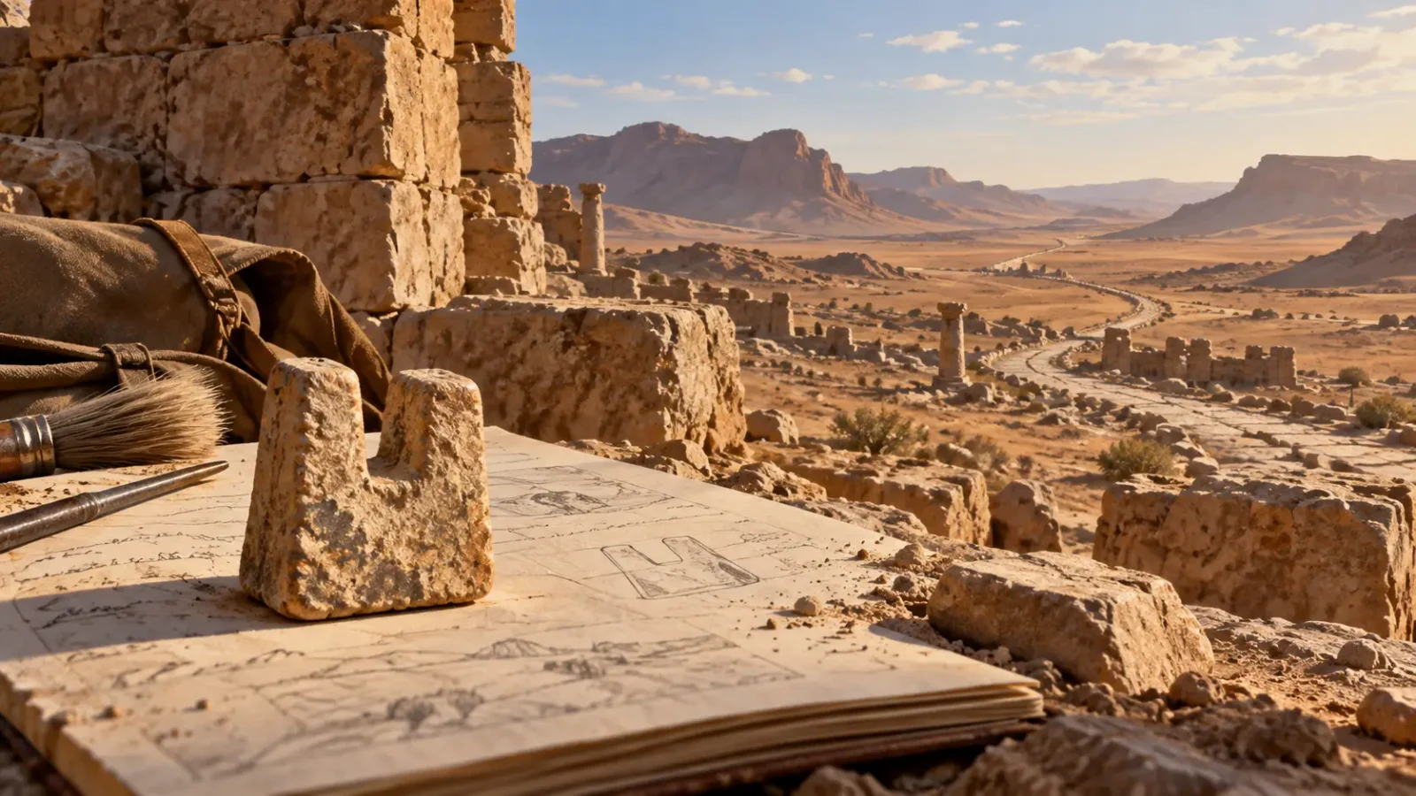 Editorial illustration of a small two-pronged sandstone game piece on an archaeological notebook overlooking the ruins and desert landscape of Humayma in Jordan.