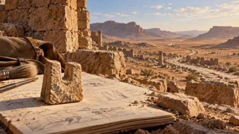 Editorial illustration of a small two-pronged sandstone game piece on an archaeological notebook overlooking the ruins and desert landscape of Humayma in Jordan.