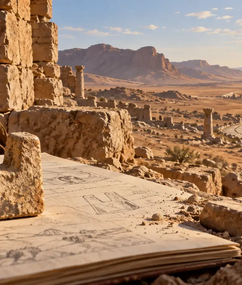 Editorial illustration of a small two-pronged sandstone game piece on an archaeological notebook overlooking the ruins and desert landscape of Humayma in Jordan.
