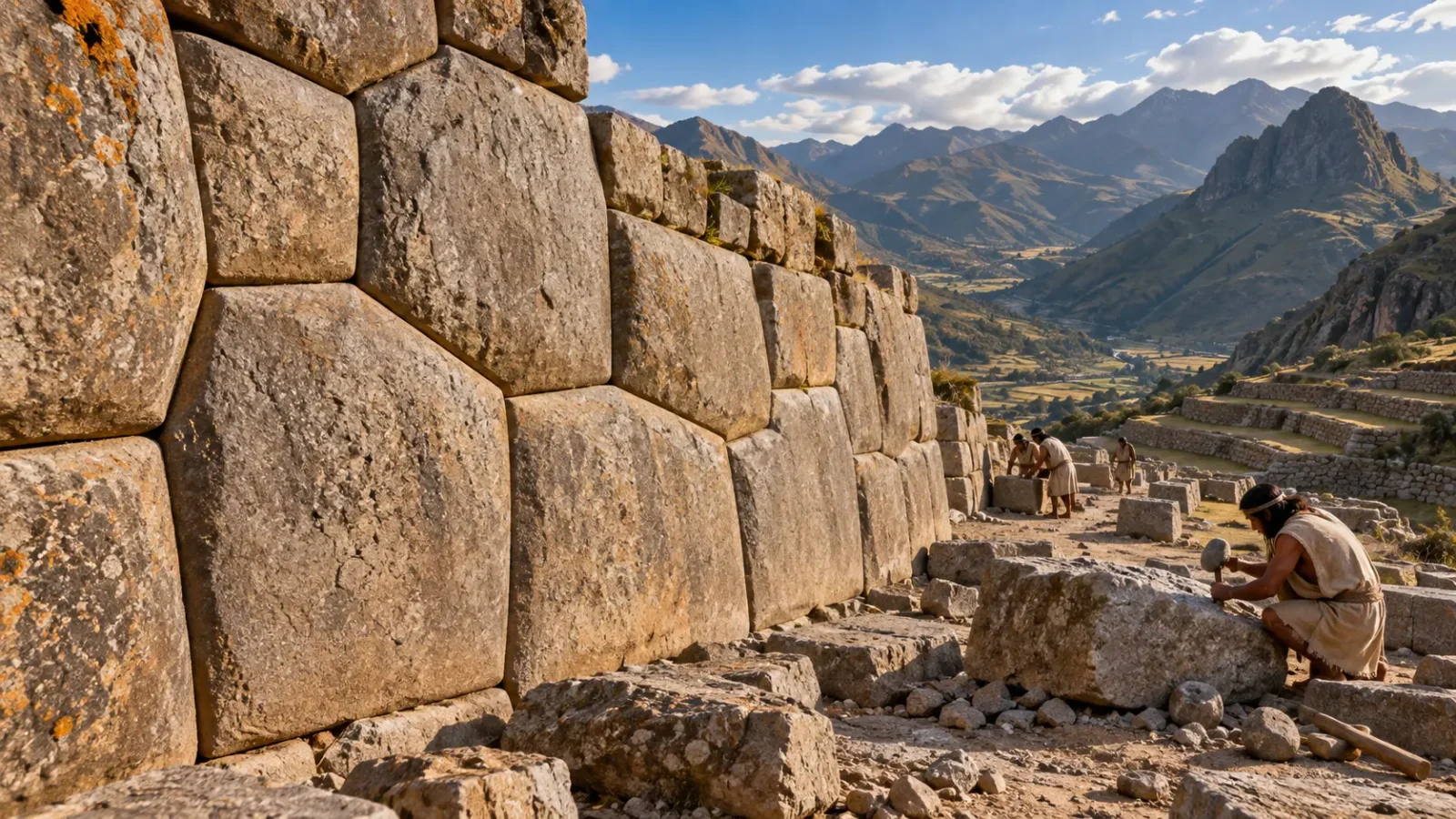 Interpretive illustration of Inca polygonal stonework being shaped in an Andean valley.