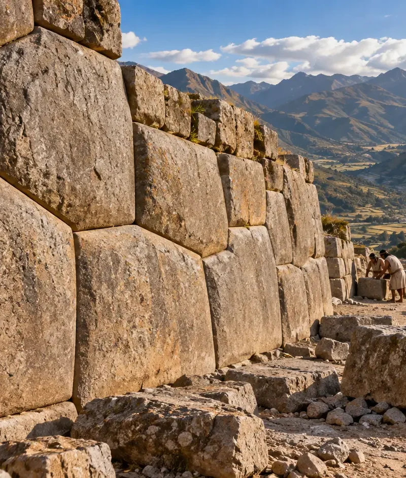 Interpretive illustration of Inca polygonal stonework being shaped in an Andean valley.