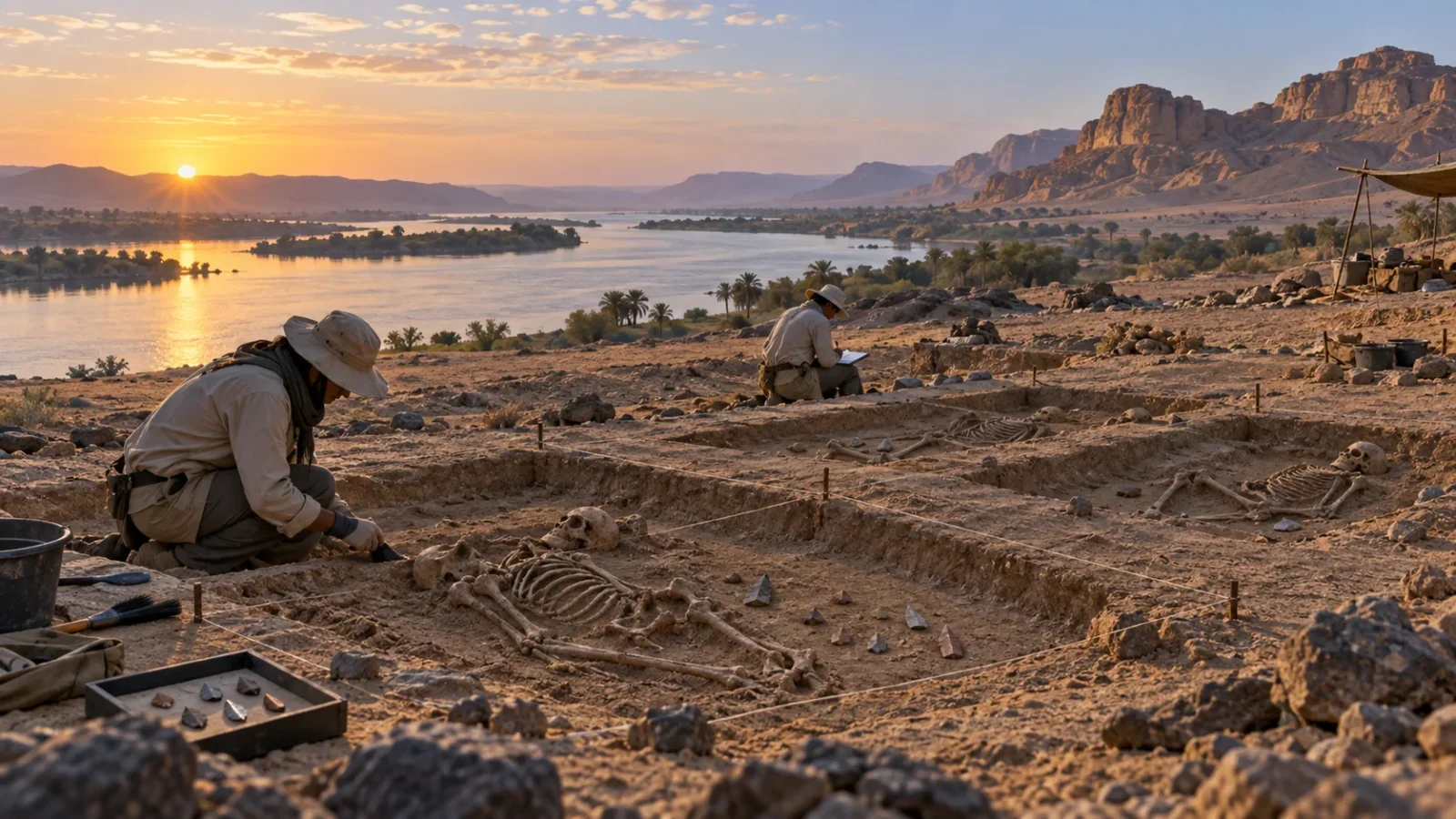 Interpretive illustration of an archaeological excavation beside the Nile at Jebel Sahaba with stone projectile points