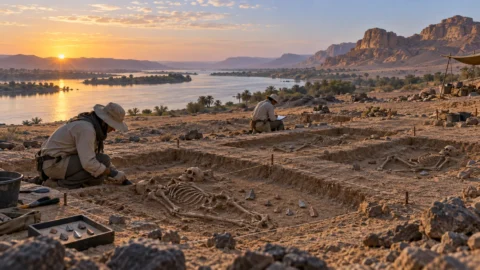 Interpretive illustration of an archaeological excavation beside the Nile at Jebel Sahaba with stone projectile points