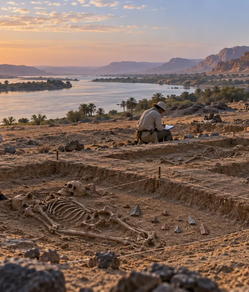 Interpretive illustration of an archaeological excavation beside the Nile at Jebel Sahaba with stone projectile points