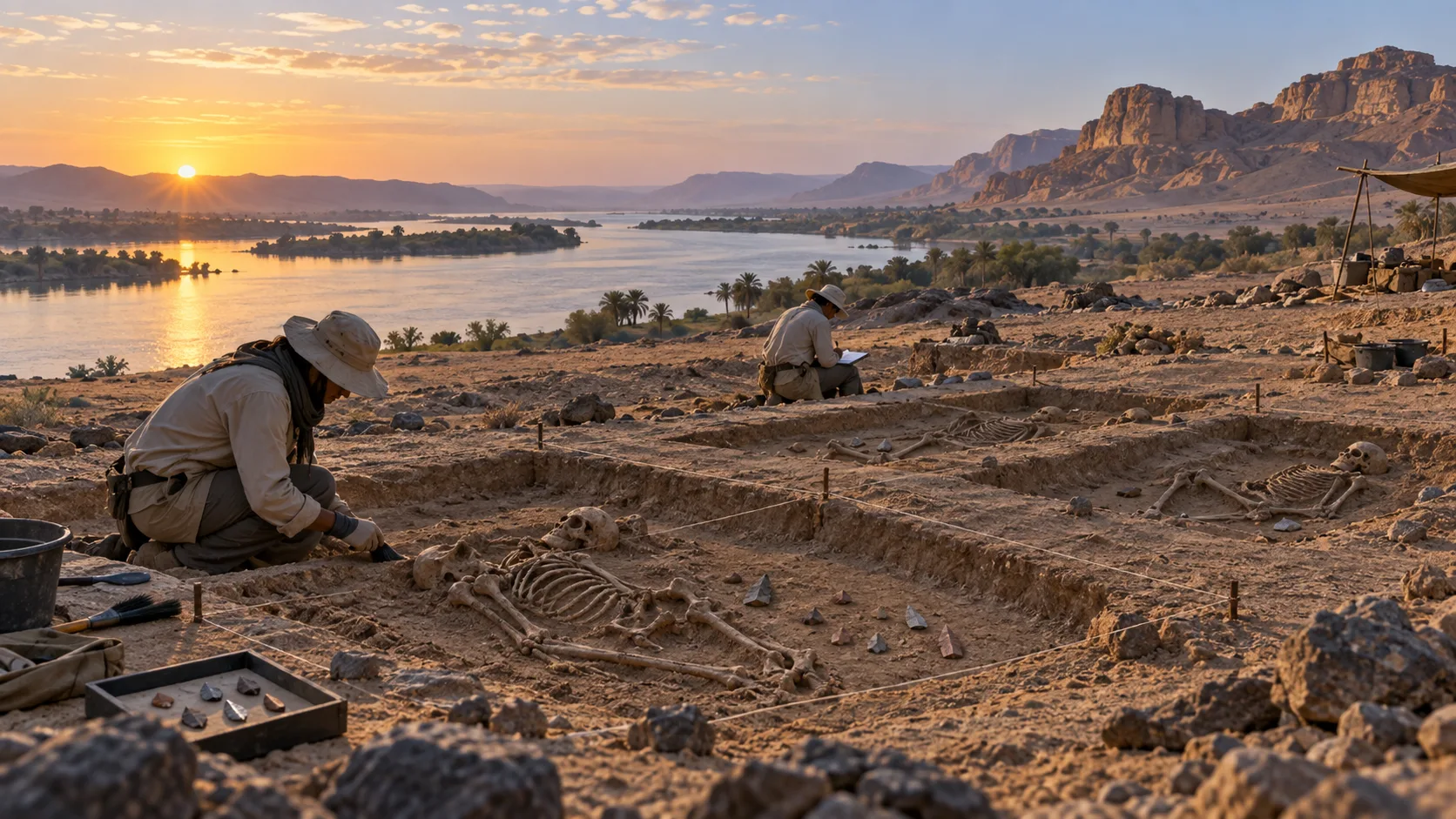Interpretive illustration of an archaeological excavation beside the Nile at Jebel Sahaba with stone projectile points