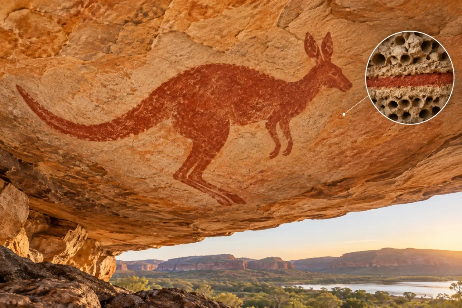 Illustration of a red-ochre kangaroo painting on sandstone, with mud-wasp nests above and below it.