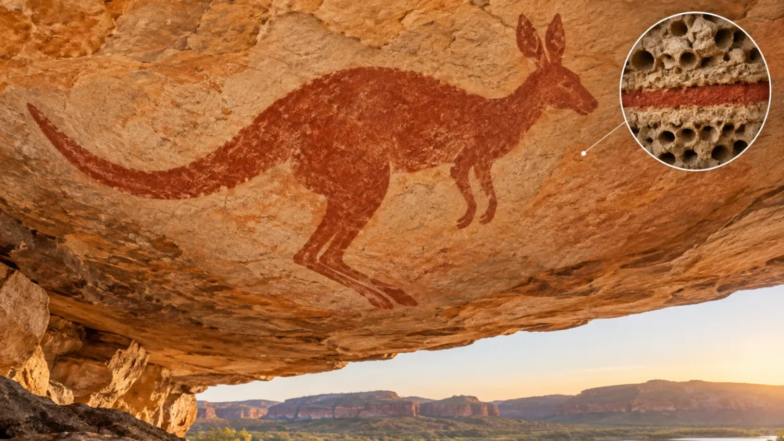 Illustration of a red-ochre kangaroo painting on sandstone, with mud-wasp nests above and below it.