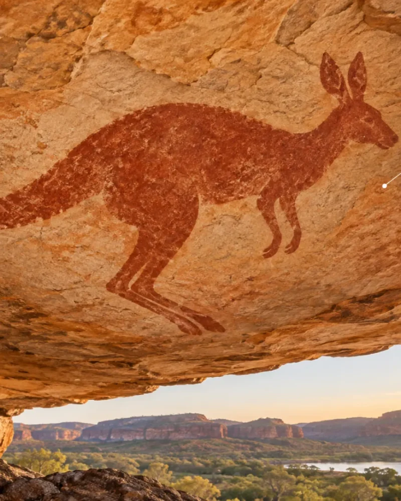 Illustration of a red-ochre kangaroo painting on sandstone, with mud-wasp nests above and below it.