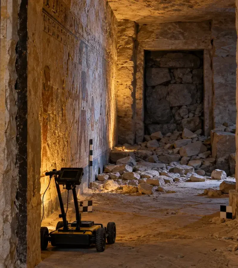 Generated reconstruction of a rubble-filled corridor beyond Tutankhamun’s tomb with a ground-penetrating radar instrument