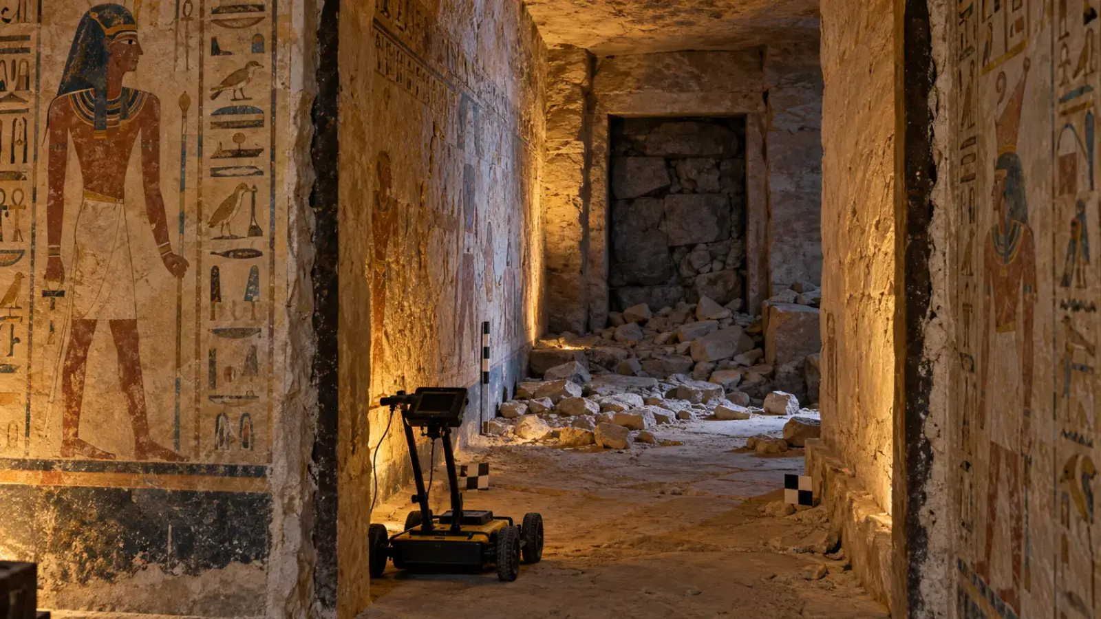 Generated reconstruction of a rubble-filled corridor beyond Tutankhamun’s tomb with a ground-penetrating radar instrument