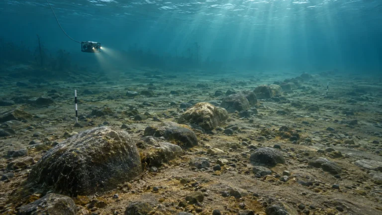 Interpretive underwater view of a stone alignment in Lake Michigan with an archaeological ROV