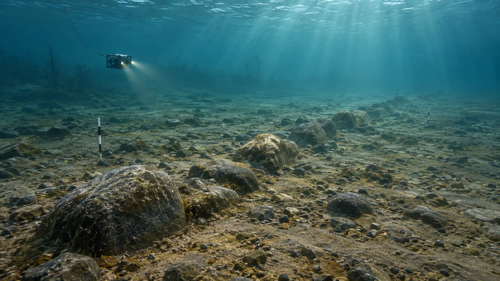 Interpretive underwater view of a stone alignment in Lake Michigan with an archaeological ROV