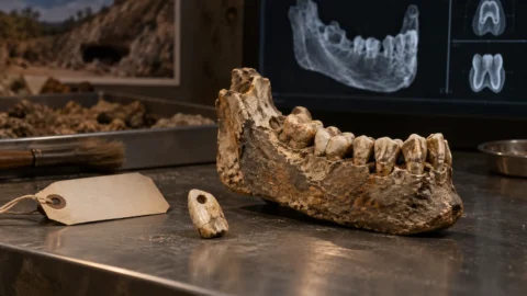 Conceptual illustration of the Les Rois 2 mandible and a tooth ornament