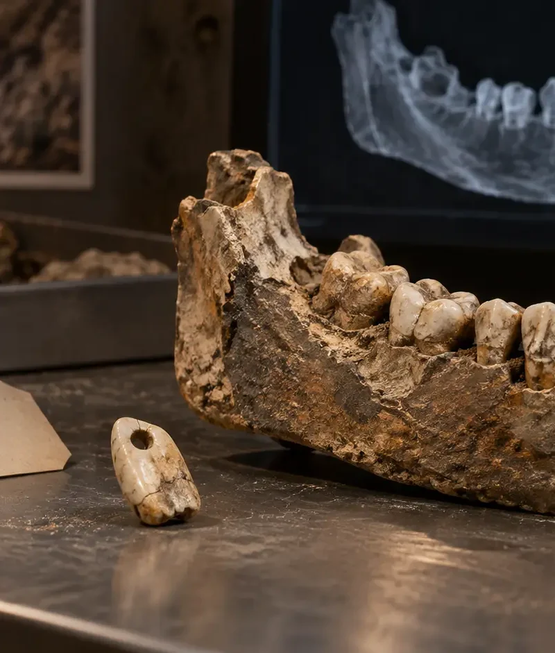 Conceptual illustration of the Les Rois 2 mandible and a tooth ornament