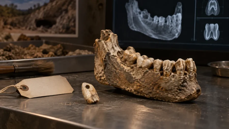 Conceptual illustration of the Les Rois 2 mandible and a tooth ornament