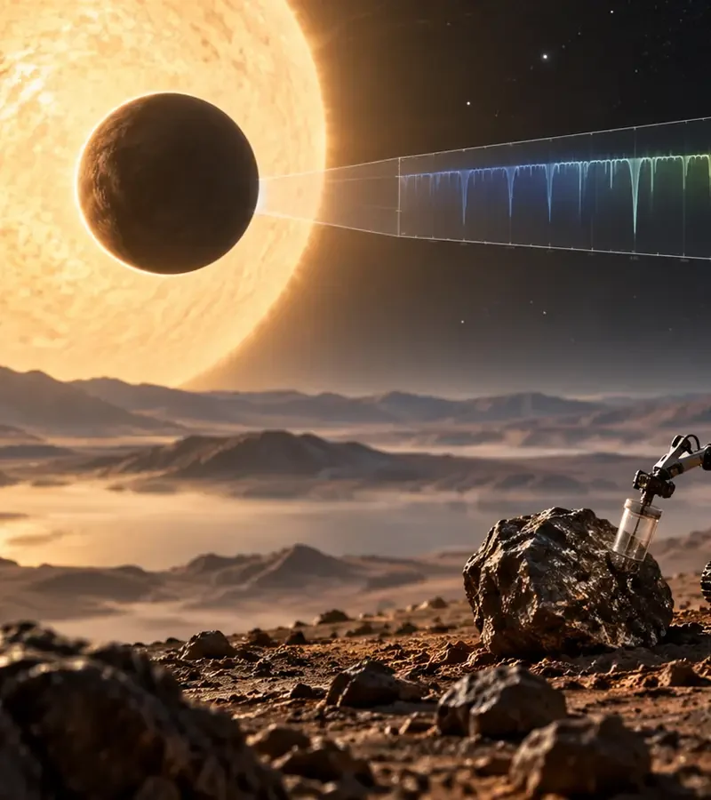 Rocky exoplanet, atmospheric spectrum and rover sample