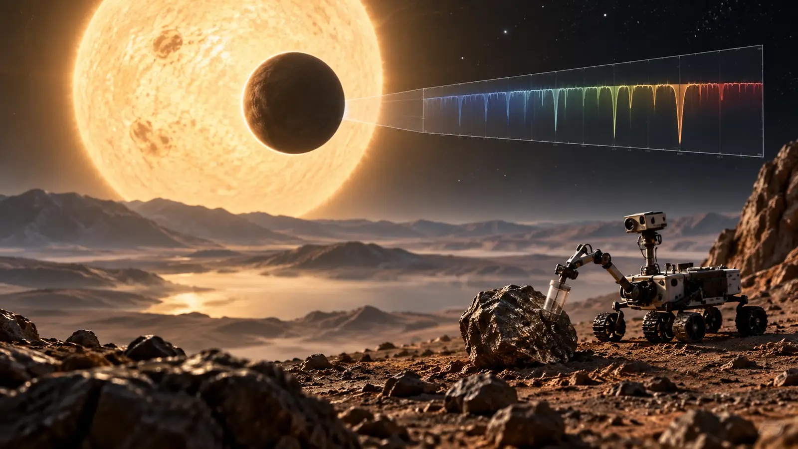 Rocky exoplanet, atmospheric spectrum and rover sample