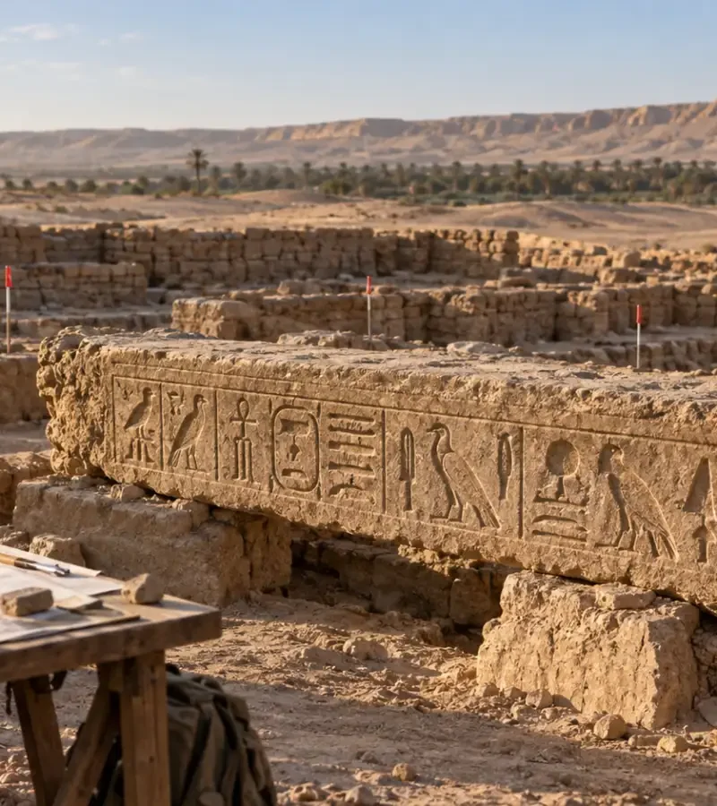 Archaeologists documenting an inscribed sandstone lintel at an Egyptian excavation