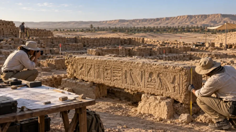 Archaeologists documenting an inscribed sandstone lintel at an Egyptian excavation
