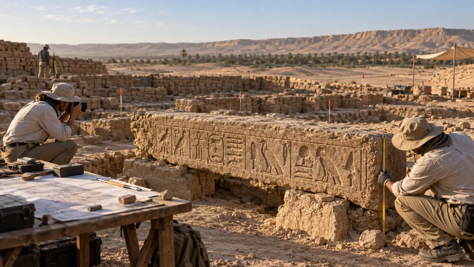 Archaeologists documenting an inscribed sandstone lintel at an Egyptian excavation