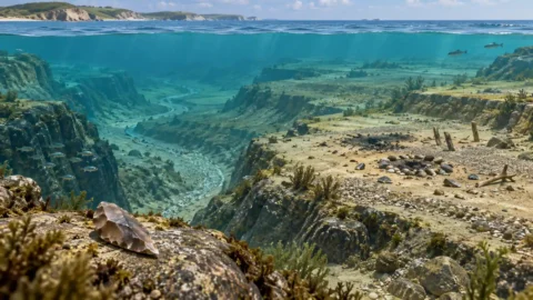 Bathymetric map of a submerged coastline with a researcher studying a lost landscape