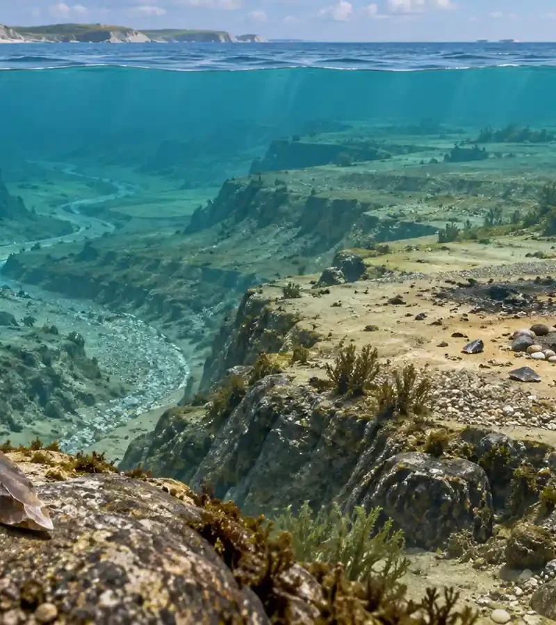 Bathymetric map of a submerged coastline with a researcher studying a lost landscape
