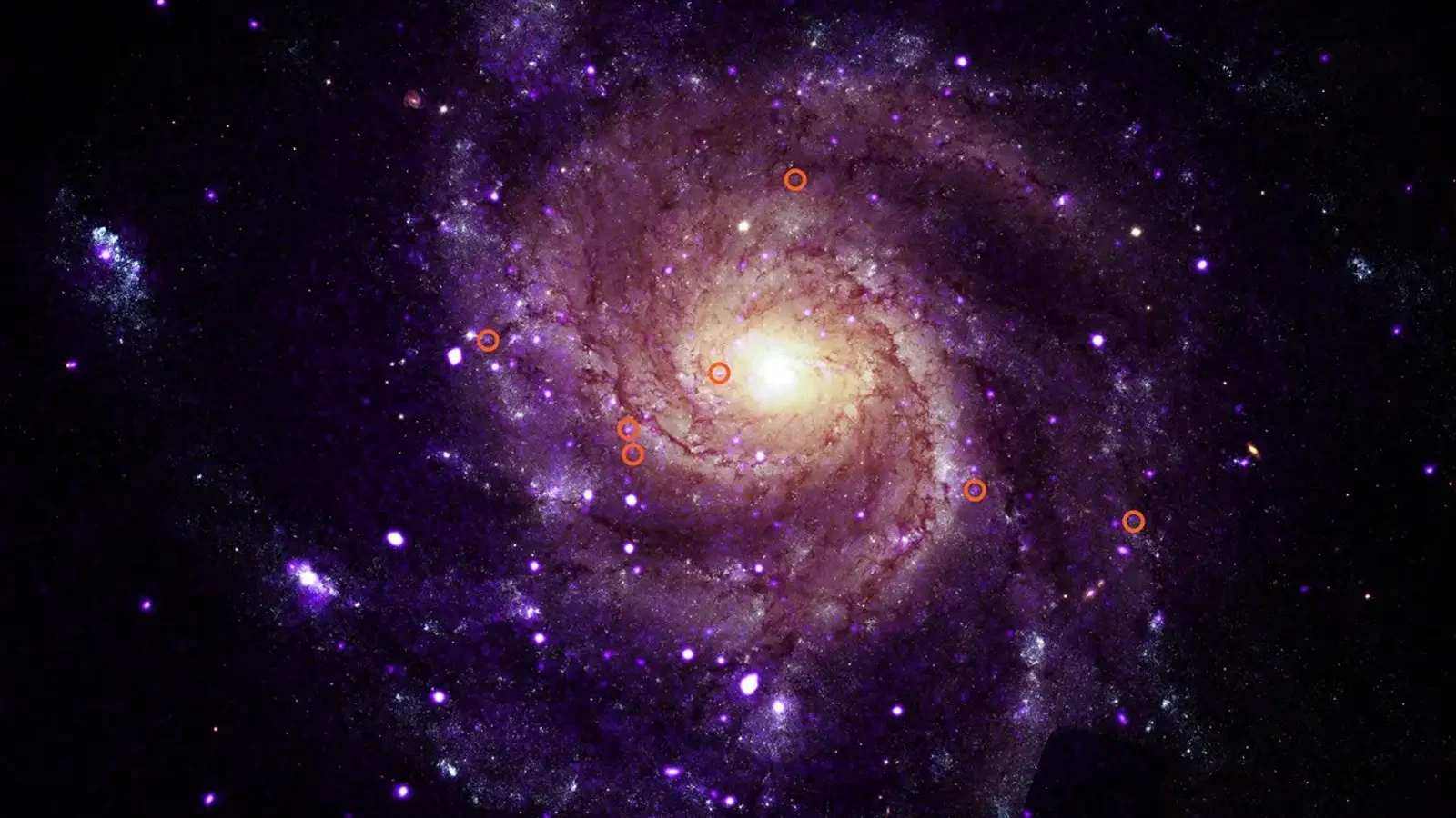 M101, the Pinwheel Galaxy, with seven hypersoft X-ray sources marked in orange