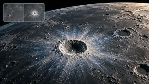 Editorial illustration of a fresh lunar crater with bright ejecta and a before-and-after orbital image inset