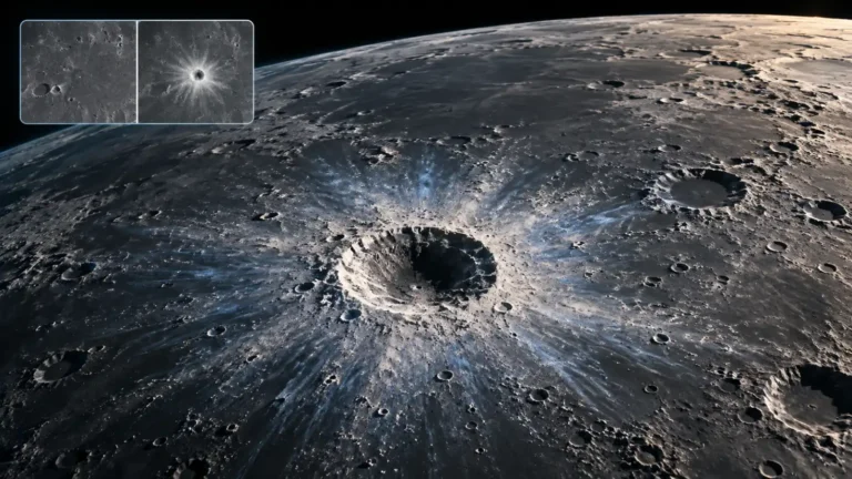 Editorial illustration of a fresh lunar crater with bright ejecta and a before-and-after orbital image inset