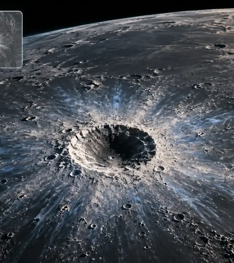 Editorial illustration of a fresh lunar crater with bright ejecta and a before-and-after orbital image inset