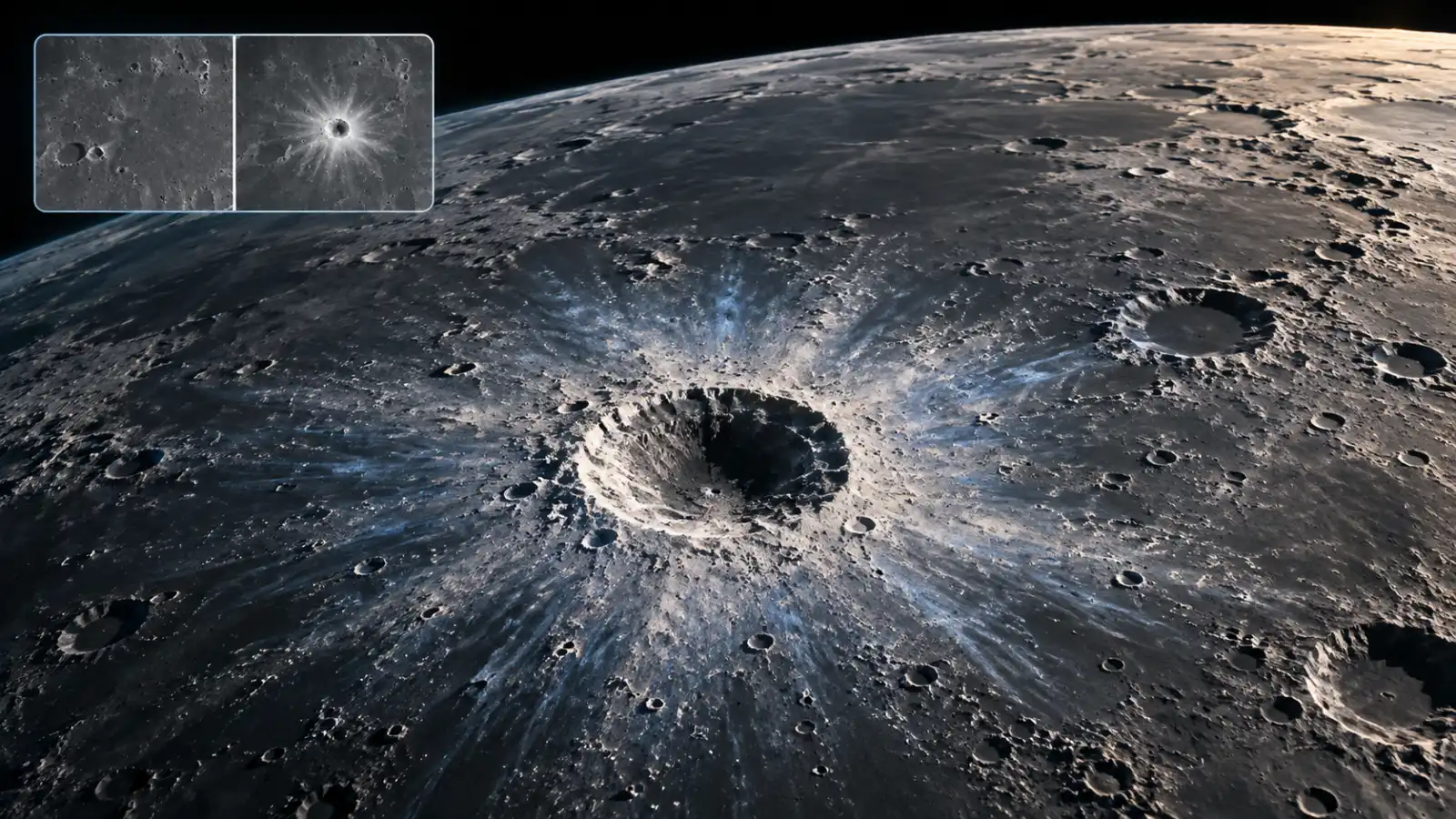 Editorial illustration of a fresh lunar crater with bright ejecta and a before-and-after orbital image inset
