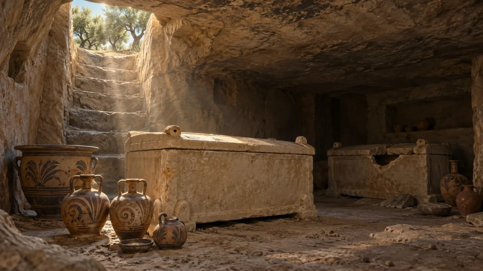 Interpretive illustration of a Late Minoan rock-cut tomb near Ierapetra with two larnakes and pottery.