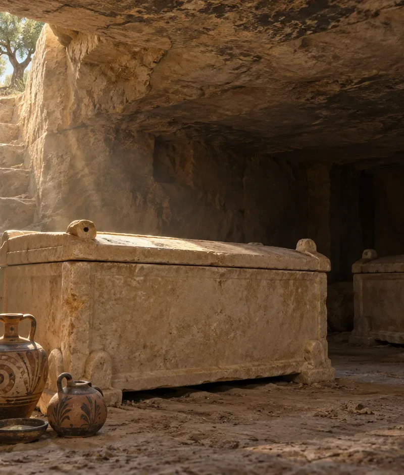 Interpretive illustration of a Late Minoan rock-cut tomb near Ierapetra with two larnakes and pottery.