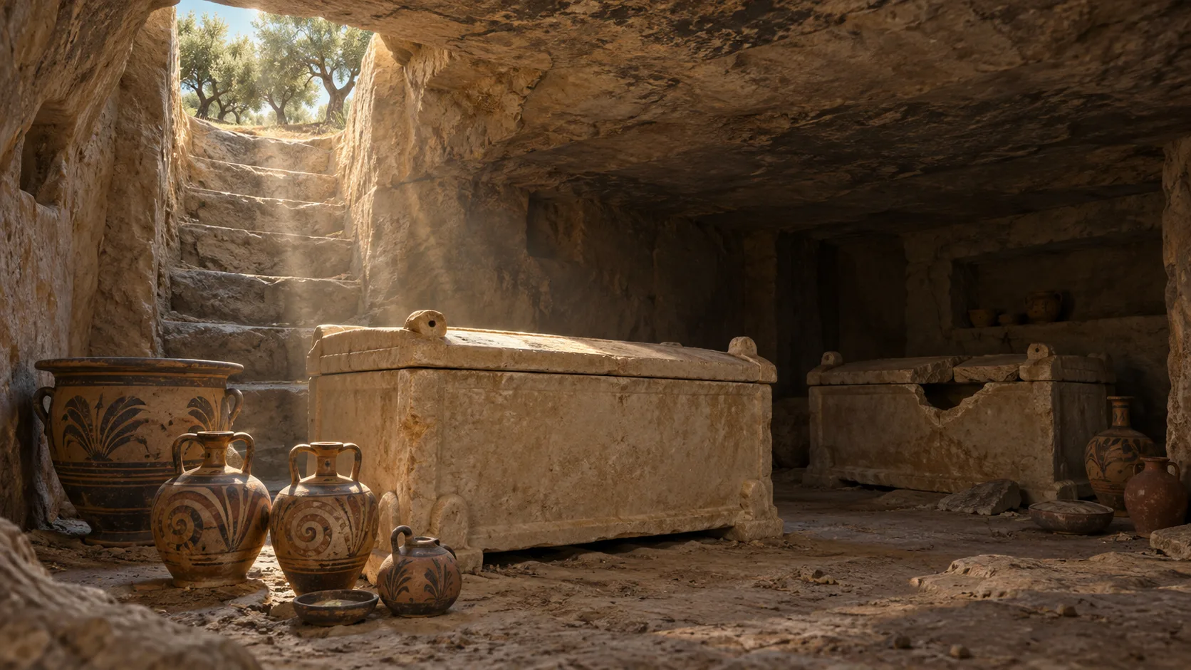 Interpretive illustration of a Late Minoan rock-cut tomb near Ierapetra with two larnakes and pottery.