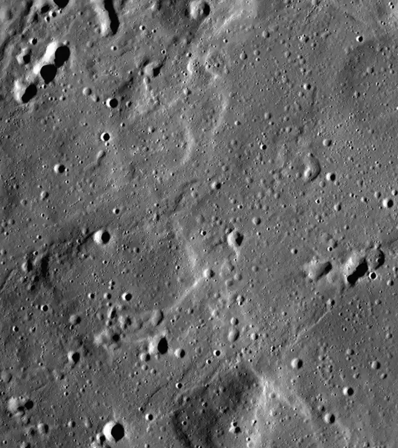Lunar Reconnaissance Orbiter mosaic showing cratered volcanic terrain at Mons Rümker on the Moon.