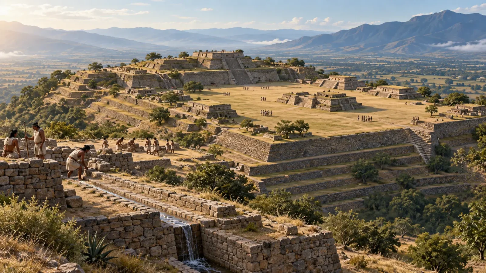 Interpretive illustration of Monte Albán’s engineered hilltop terraces and central plaza in Oaxaca.