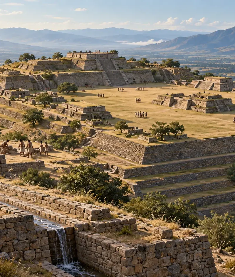 Interpretive illustration of Monte Albán’s engineered hilltop terraces and central plaza in Oaxaca.