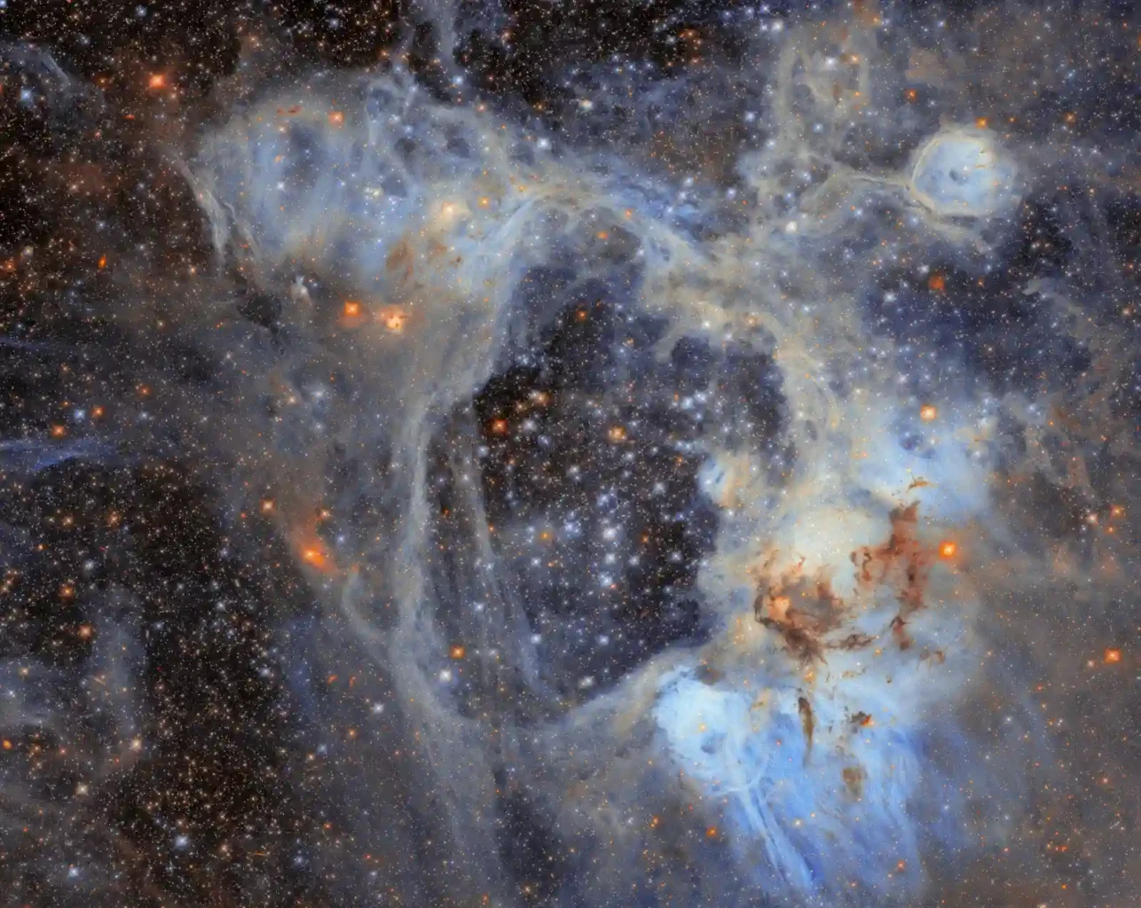 Hubble view of N44, with a dark central cavity surrounded by pale clouds and crowded stars.