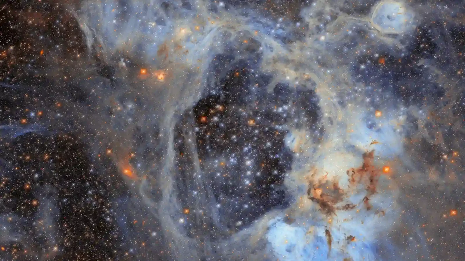 Hubble view of N44, with a dark central cavity surrounded by pale clouds and crowded stars.