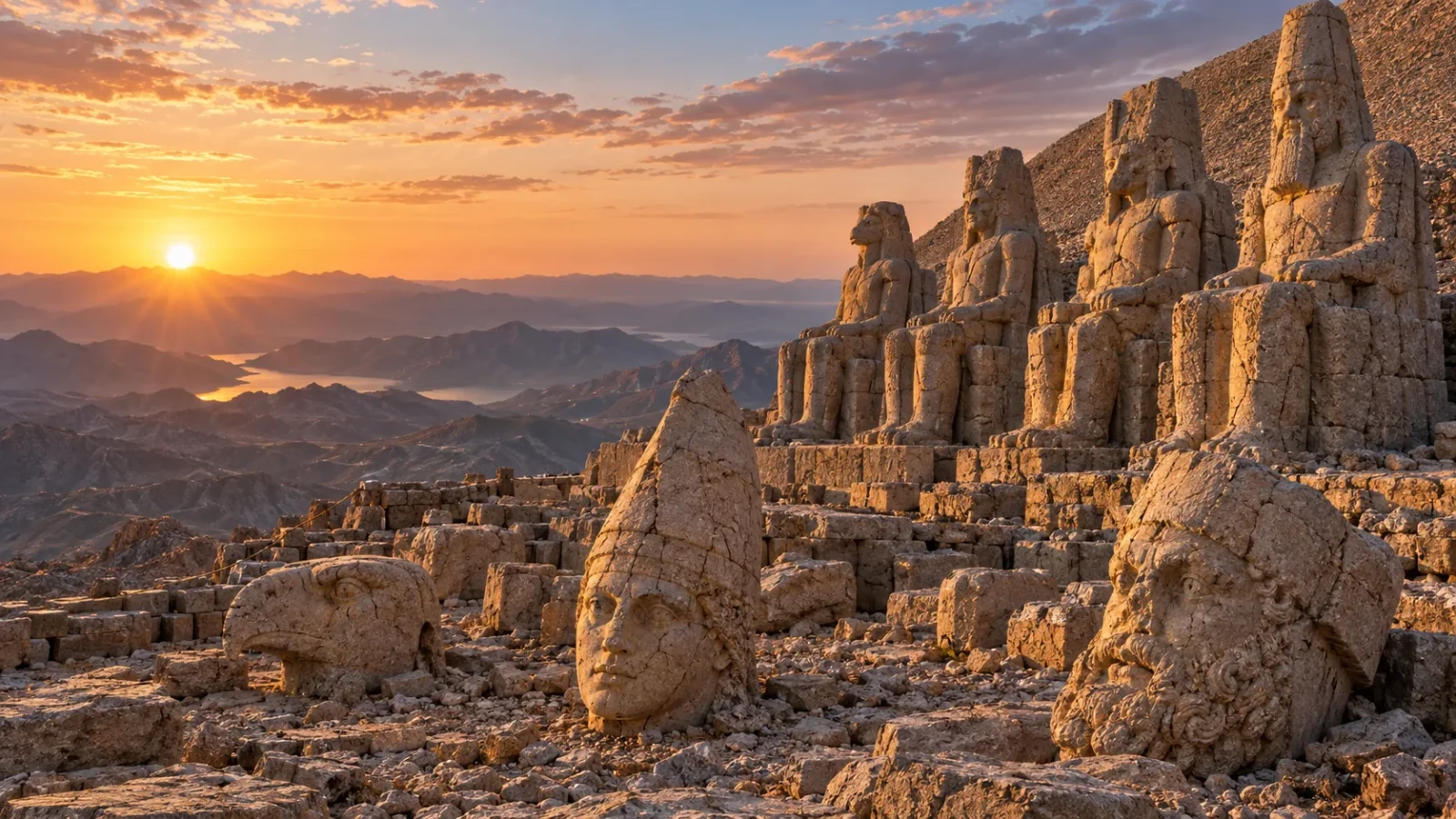 Interpretive illustration of giant stone heads and seated statues on Mount Nemrut at sunrise.