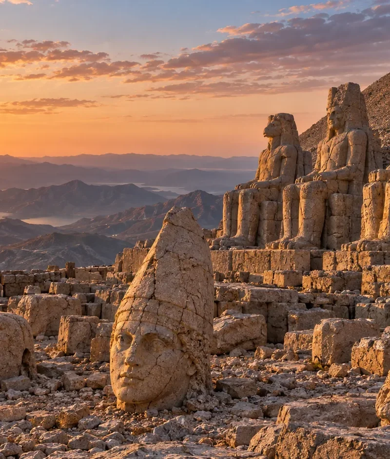 Interpretive illustration of giant stone heads and seated statues on Mount Nemrut at sunrise.