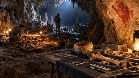 Archaeologists examine Neolithic human remains inside a limestone cave in southern Spain