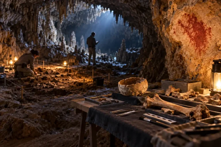 Archaeologists examine Neolithic human remains inside a limestone cave in southern Spain