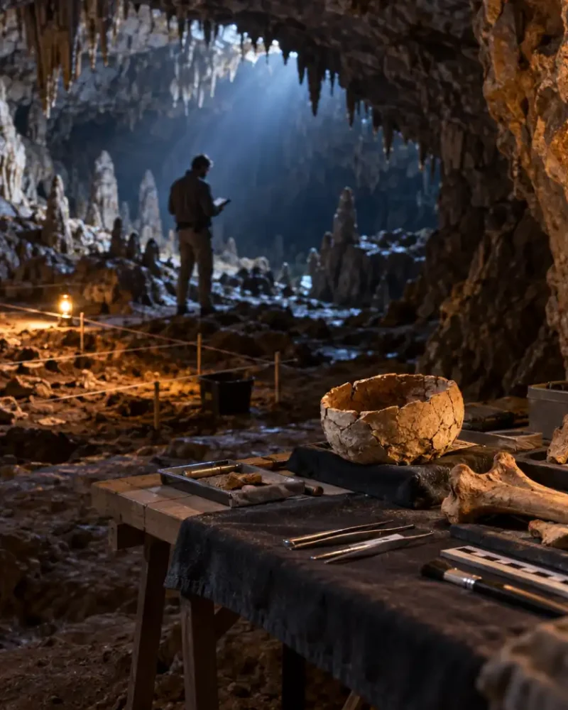 Archaeologists examine Neolithic human remains inside a limestone cave in southern Spain