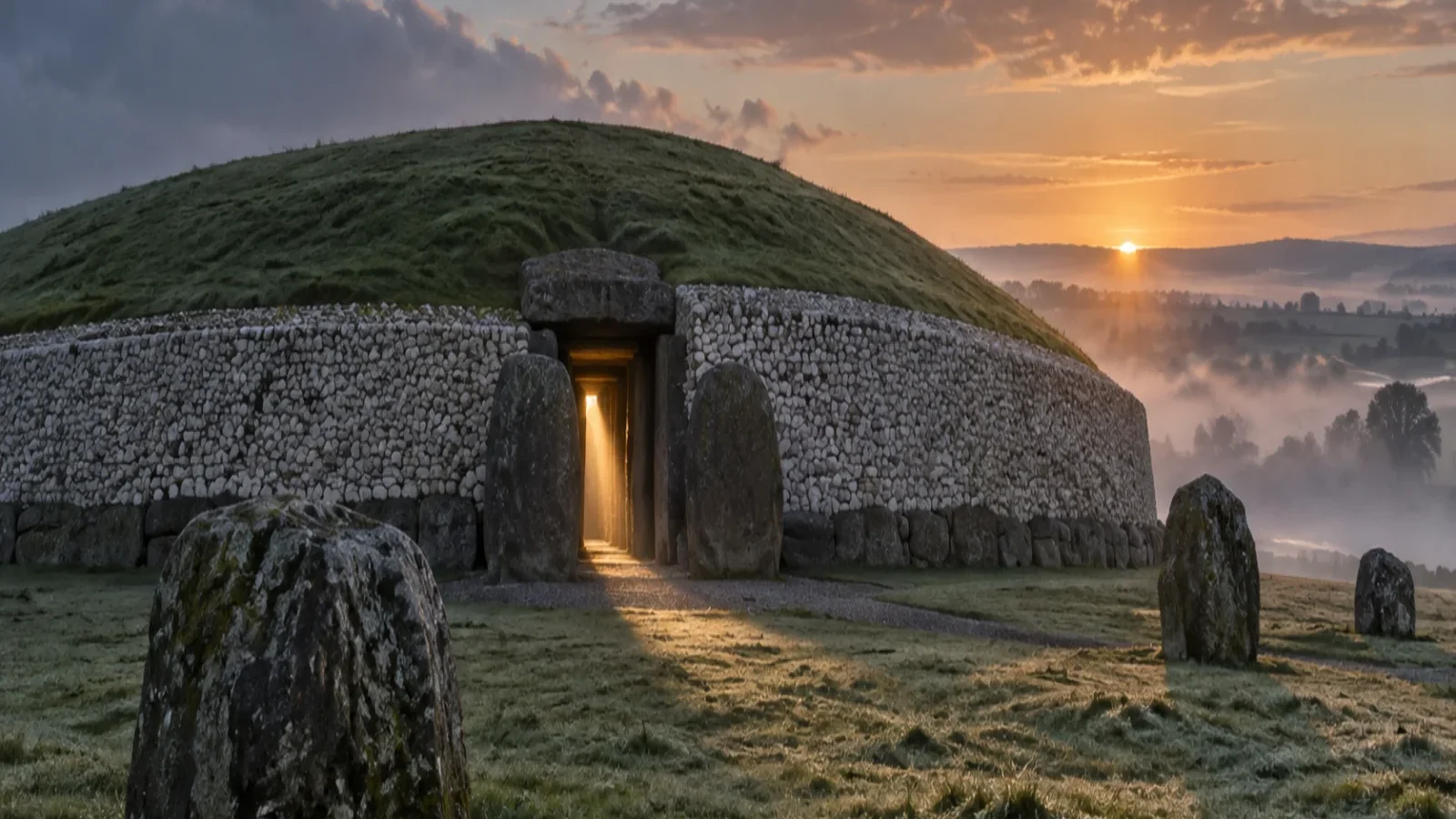Interpretive illustration of Newgrange passage tomb at winter-solstice sunrise