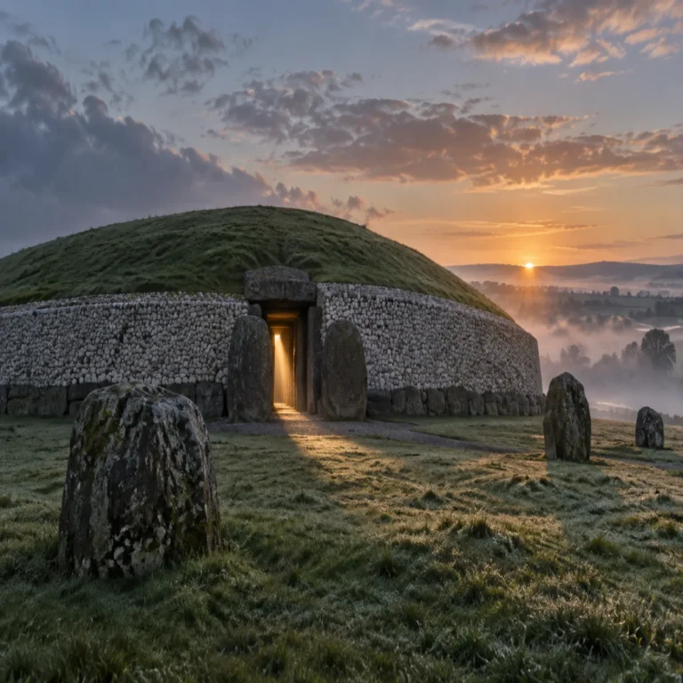 Interpretive illustration of Newgrange passage tomb at winter-solstice sunrise